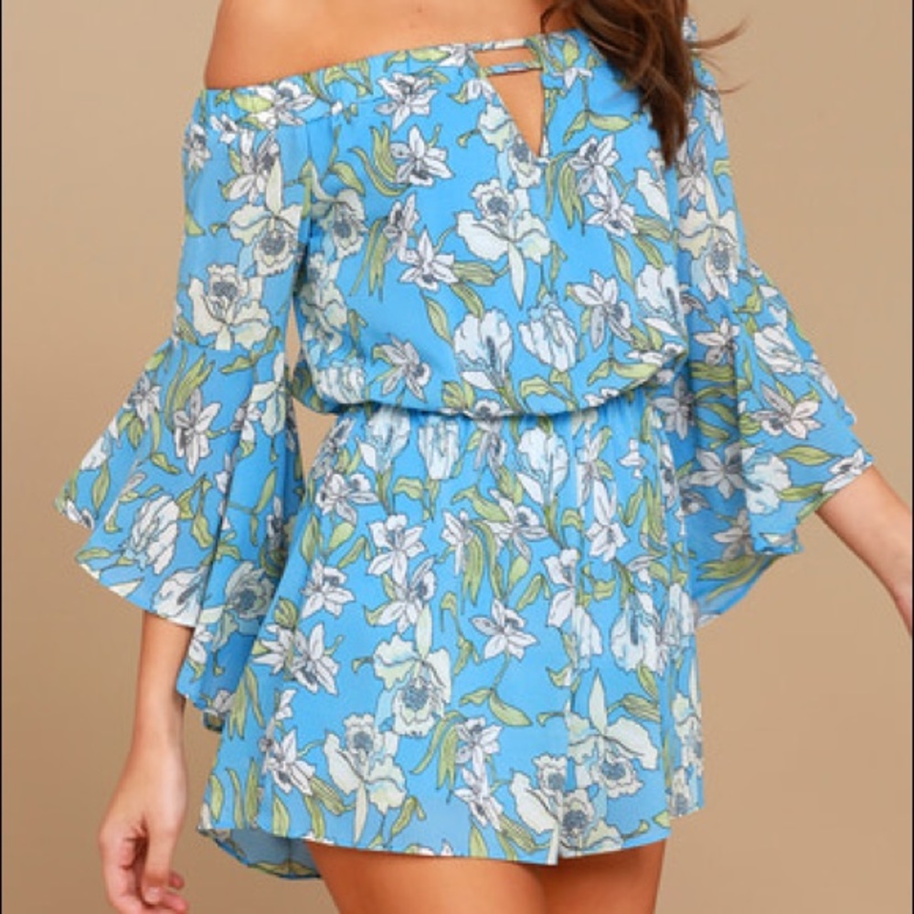 Lulus Blue Floral Print Off-the-Shoulder Romper